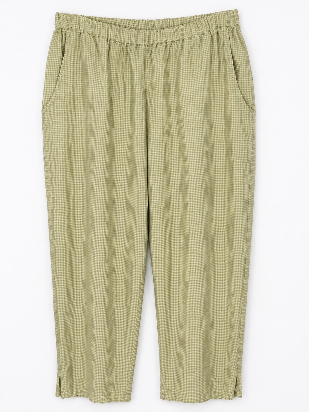 FLAX 100% Linen Green Gingham Crop Pants Small Made in Lithuania